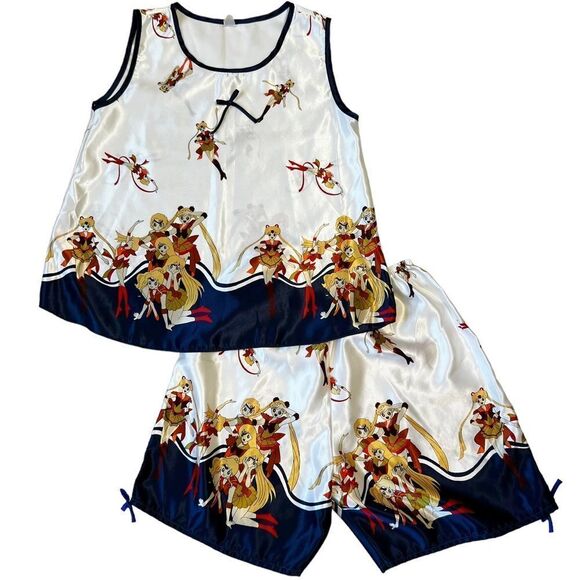 Vintage Sailor Moon Anime Print Satin Pajama Shorts Set - Picture 1 of 13